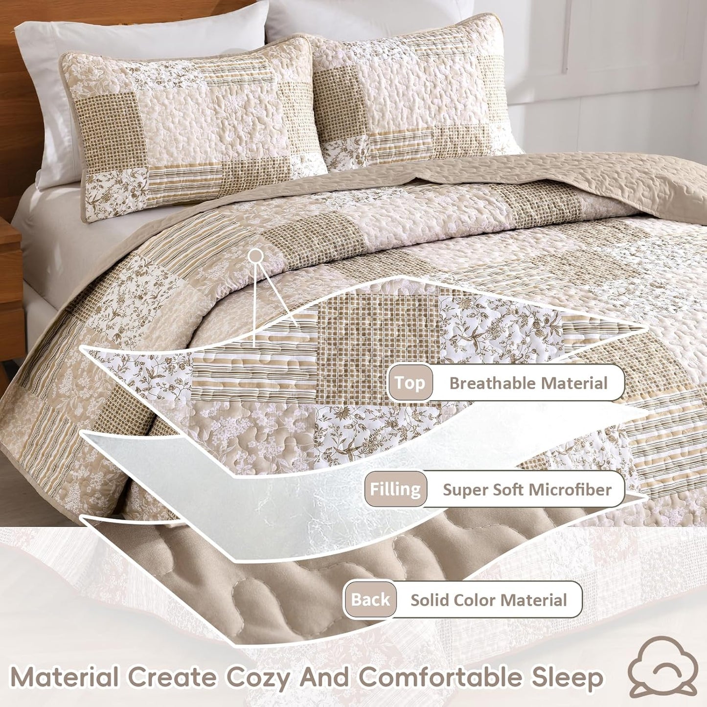 Mybedsoul Beige Boho Quilt Set Queen Size, 3 Pieces Plaid Floral Bedspread Set Patchwork Reversible Bedding Set Microfiber Bedding Bedspread Coverlet Set for All Season 90"x96"