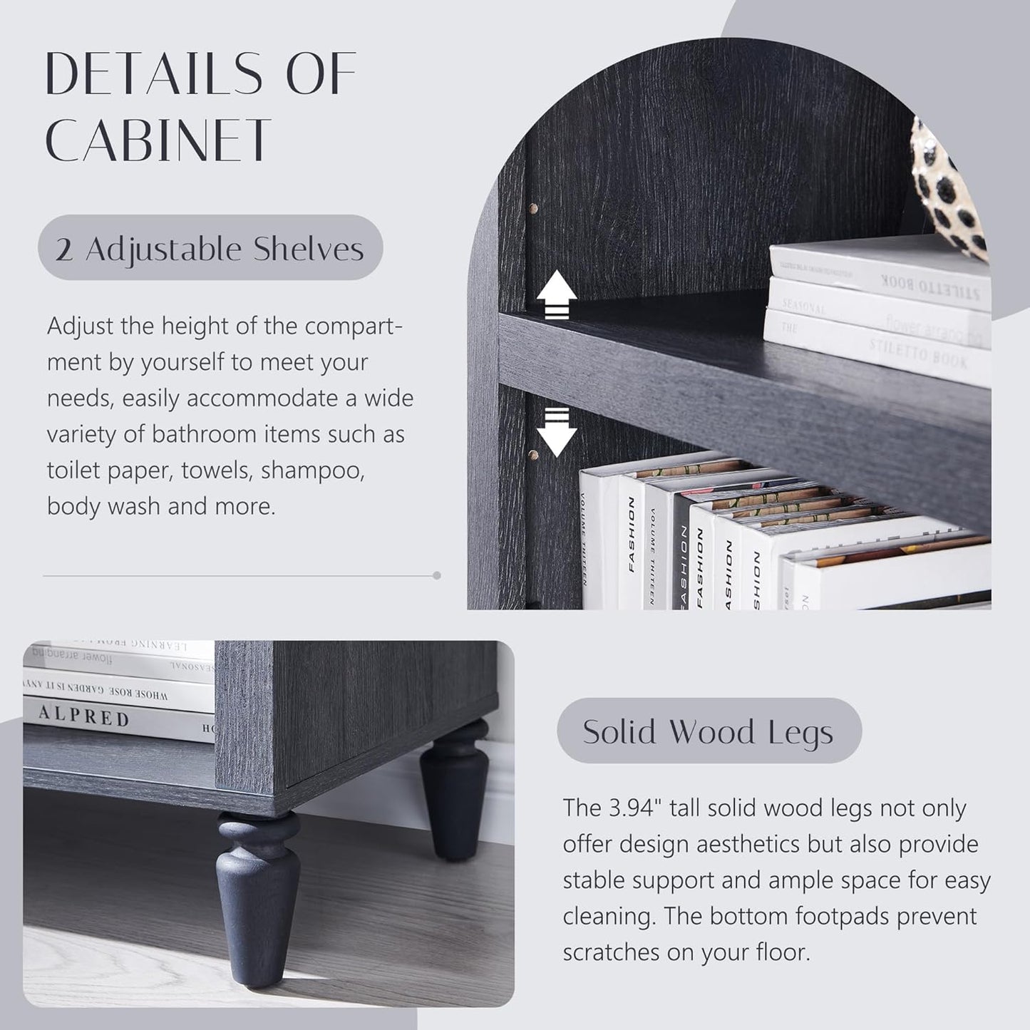 76" Tall Arched Bathroom Storage Cabinet, 5 Tiers Large Farmhouse Arched Cabinet w/Adjustable Shelves, Modern Wooden Storage Cabinet for Bathroom, Living Room, Entryway, Study Room (Dark Grey)