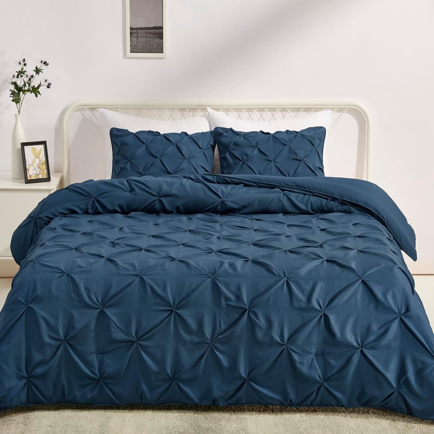 Amazon Basics Soft, Warm Down Alternative Queen Size Comforter Set, All-Season 3-Piece Bedding with Breathable Microfiber, Pinch Pleat Design, Full/Queen, Navy Blue