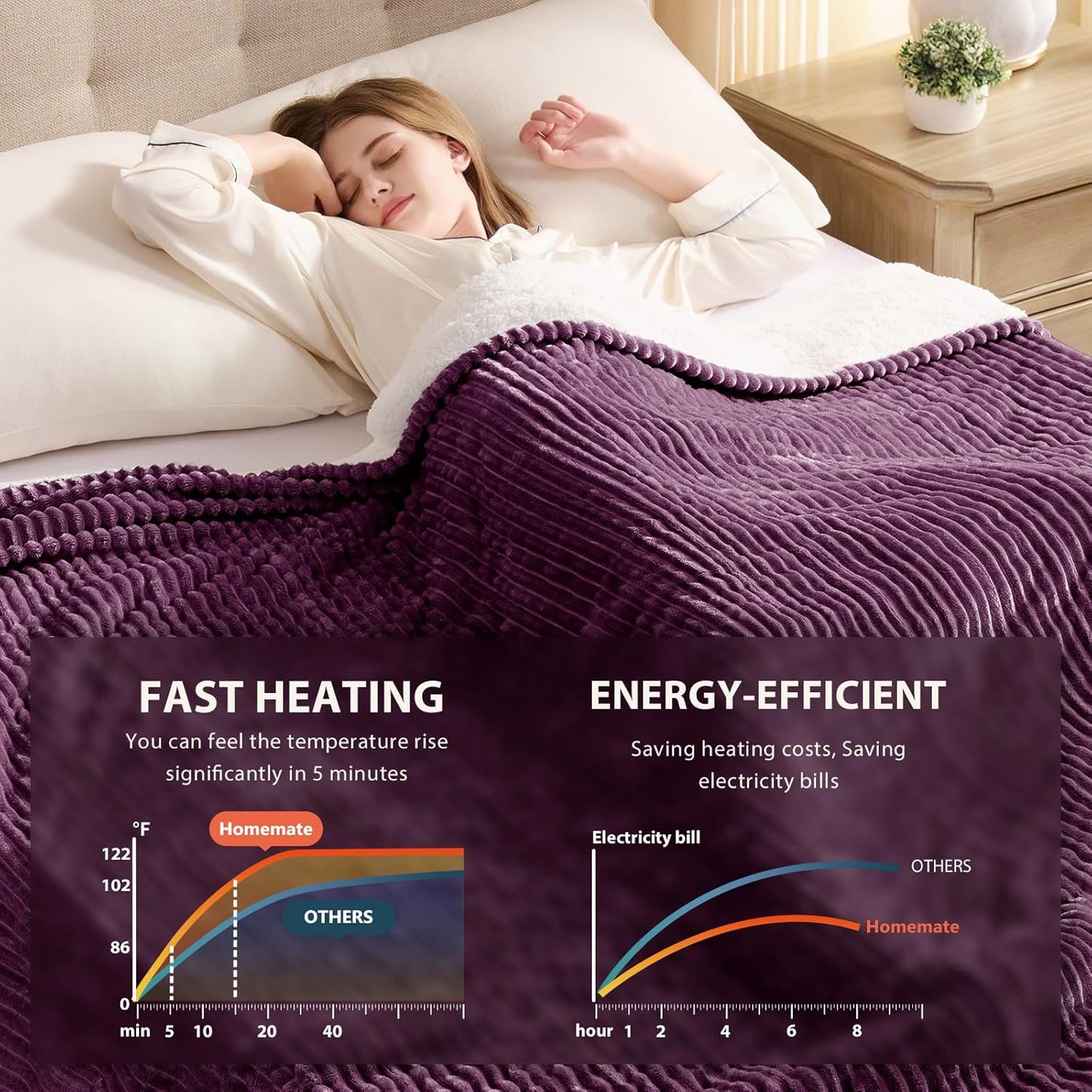 Homemate Electric Heated Blanket Queen Size - 84"x90" Heating Blanket Queen Size Dual Control 1/2/4/6/8 Hours Auto-Off 10 Heat Level Over-Heat Protection Soft Flannel Sherpa ETL Certification