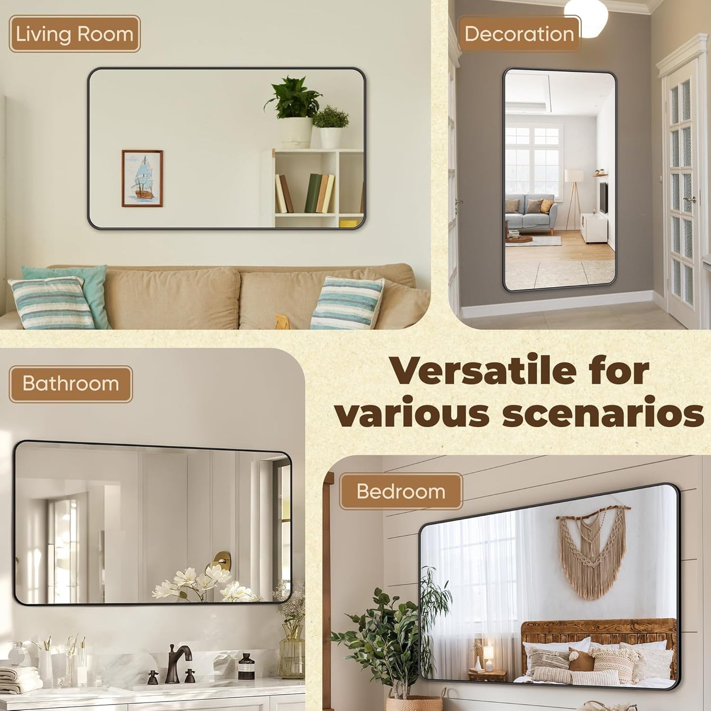 Antok Bathroom Mirror,60"x30" Wall Mirror, Decorative Mirrors Vanity Mirror Aluminum Alloy Frame Contemporary Hanging Mirror for Living Room Bathroom Entryway,Black,Round Corner