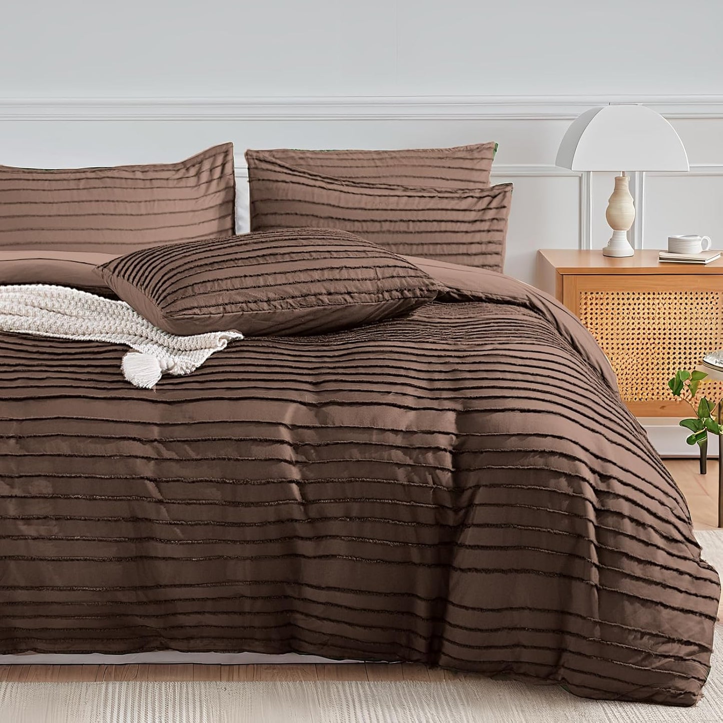 NEXHOME PRO California King Duvet Cover, Blue 3 Pieces Boho Tufted Duvet Cover Set, Soft and Lightweight Microfiber Comforter Cover Set(Dark Brown,104 x 98)-No Comforter
