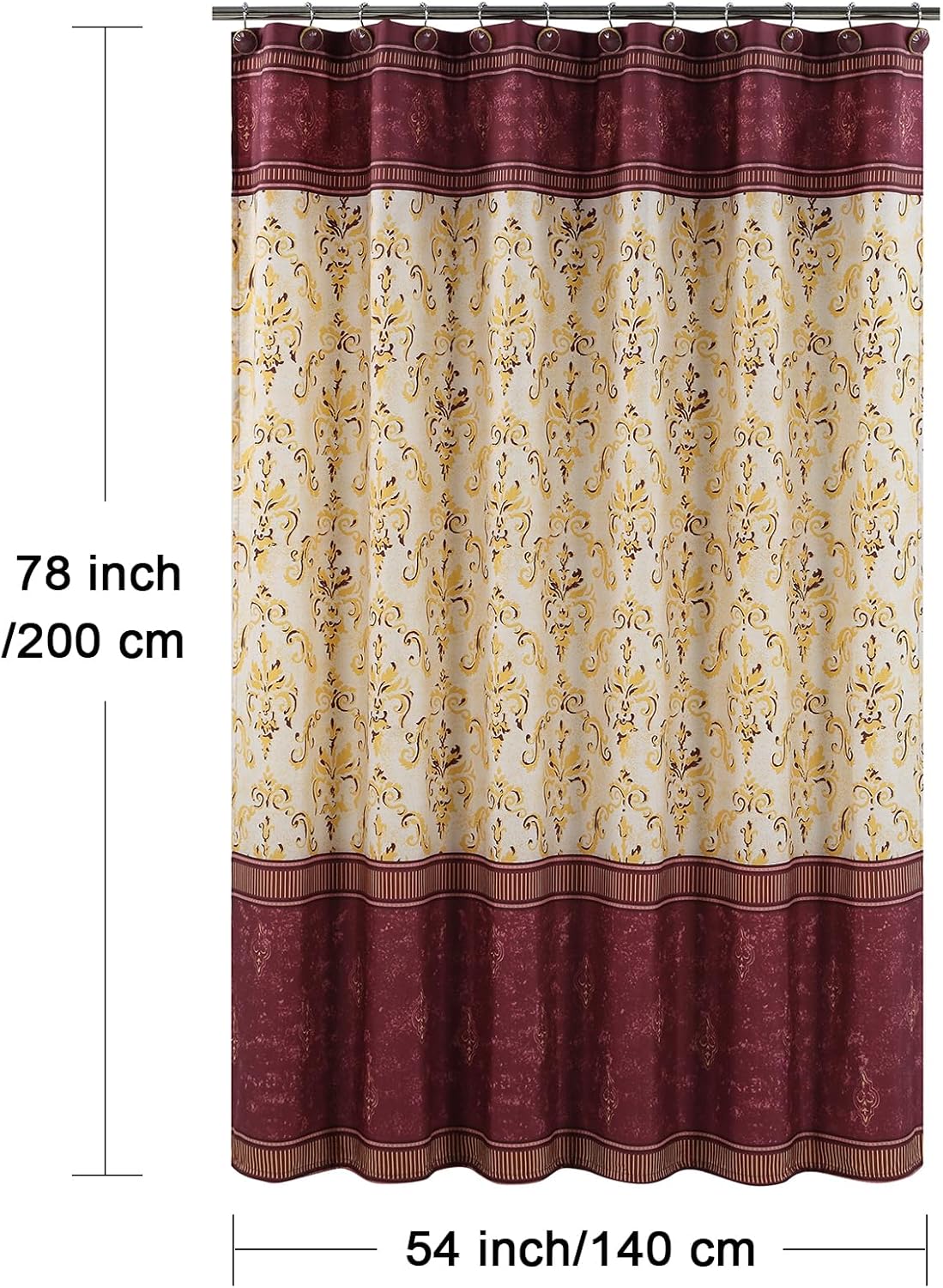 Long Stall Fabric Shower Curtain, Burgundy and Gold Damask Print Narrow Cloth Shower Curtains for Bathroom, Classic Baroque Bathroom Small Curtains, 54" W x 78" H
