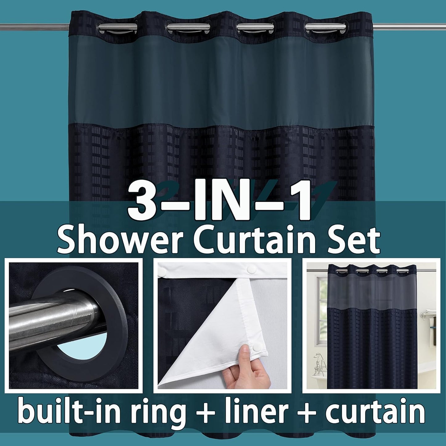 Conbo Mio No Hook Shower Curtain with Snap in Liner Set, Hotel Luxury Black Shower Curtains for Bathroom with See Through Top Window, Waterproof, Washable 71W x 74H