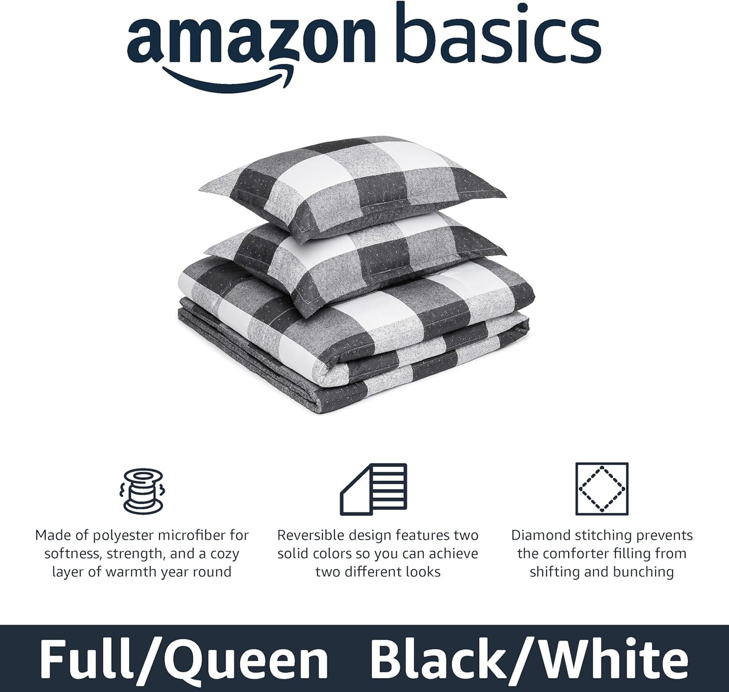 Amazon Basics Lightweight Microfiber Comforter Sets, 3-Pieces, Black/White,Checkerboard, Full/Queen