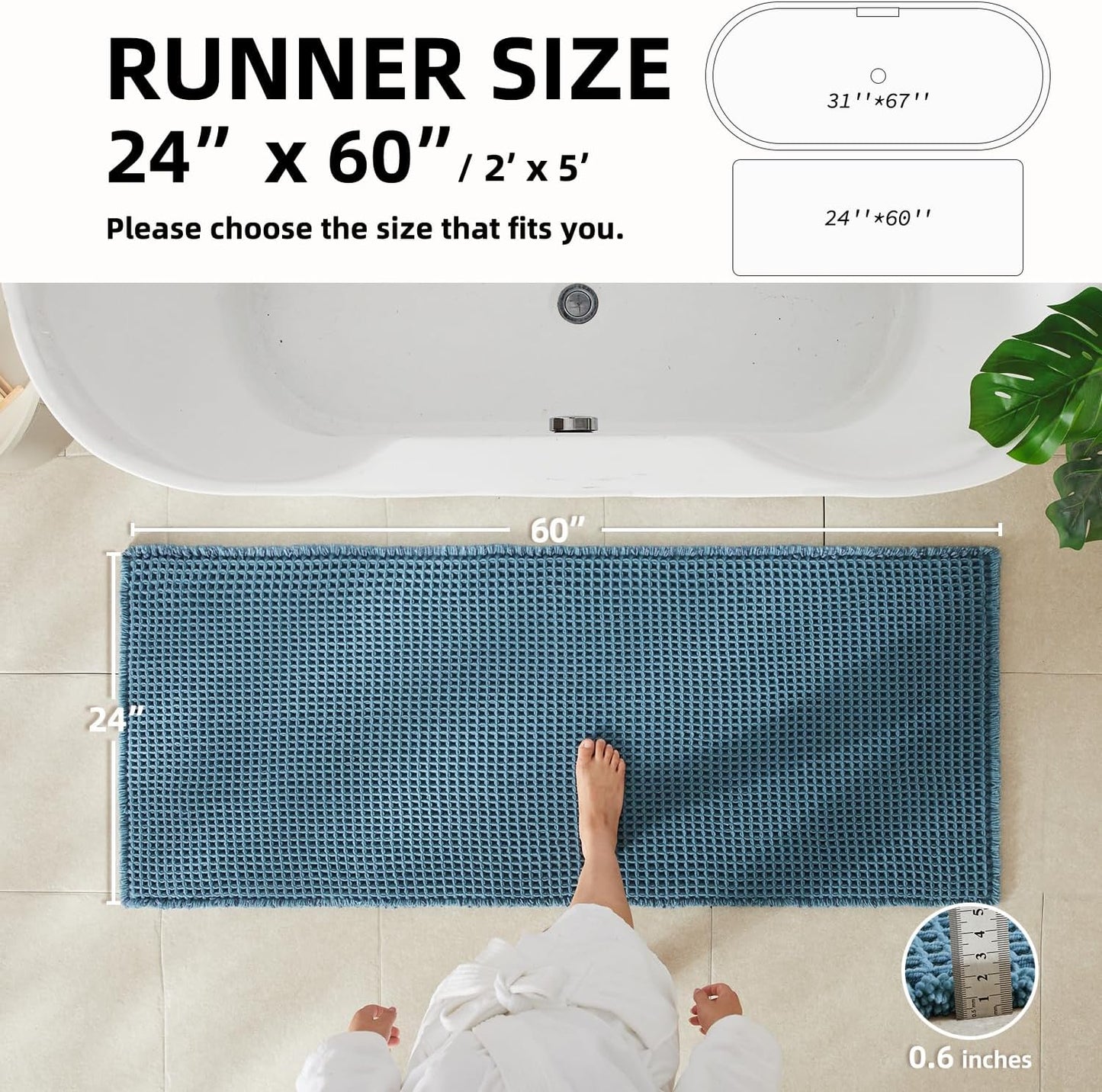 Waffle Runner Rug Bathroom, Long Boho Bathroom Rugs Non Slip Washable Super Absorbent Quick Dry Farmhouse Bath Decor, 60"x24" Denim Blue