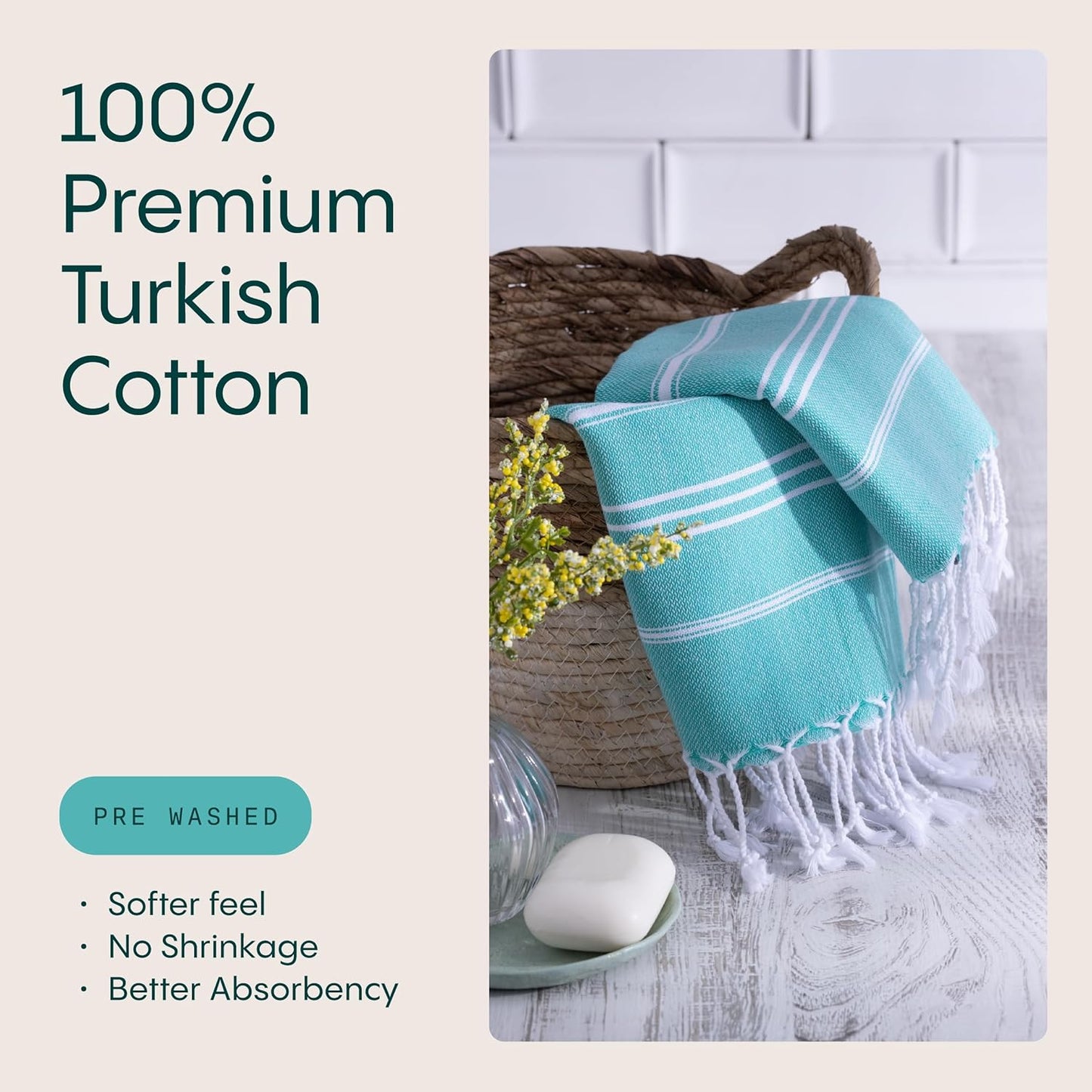 WETCAT Turkish Hand Towels with Hanging Loop, Set of 2 (20" x 30") 100% Turkish Cotton, Pre-Washed, Quick Drying, for Kitchen or Bathroom - Mint Green