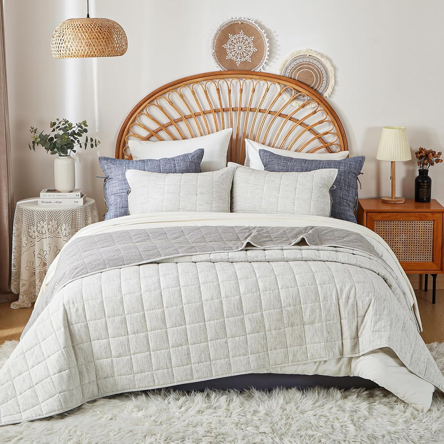 Quilts Queen Size，White Cotton Linen Bedspreads Queen Size，3-Pieces Queen Quilt Set with Grey Gingham Bedding Coverlet with 2 Pillow Shams