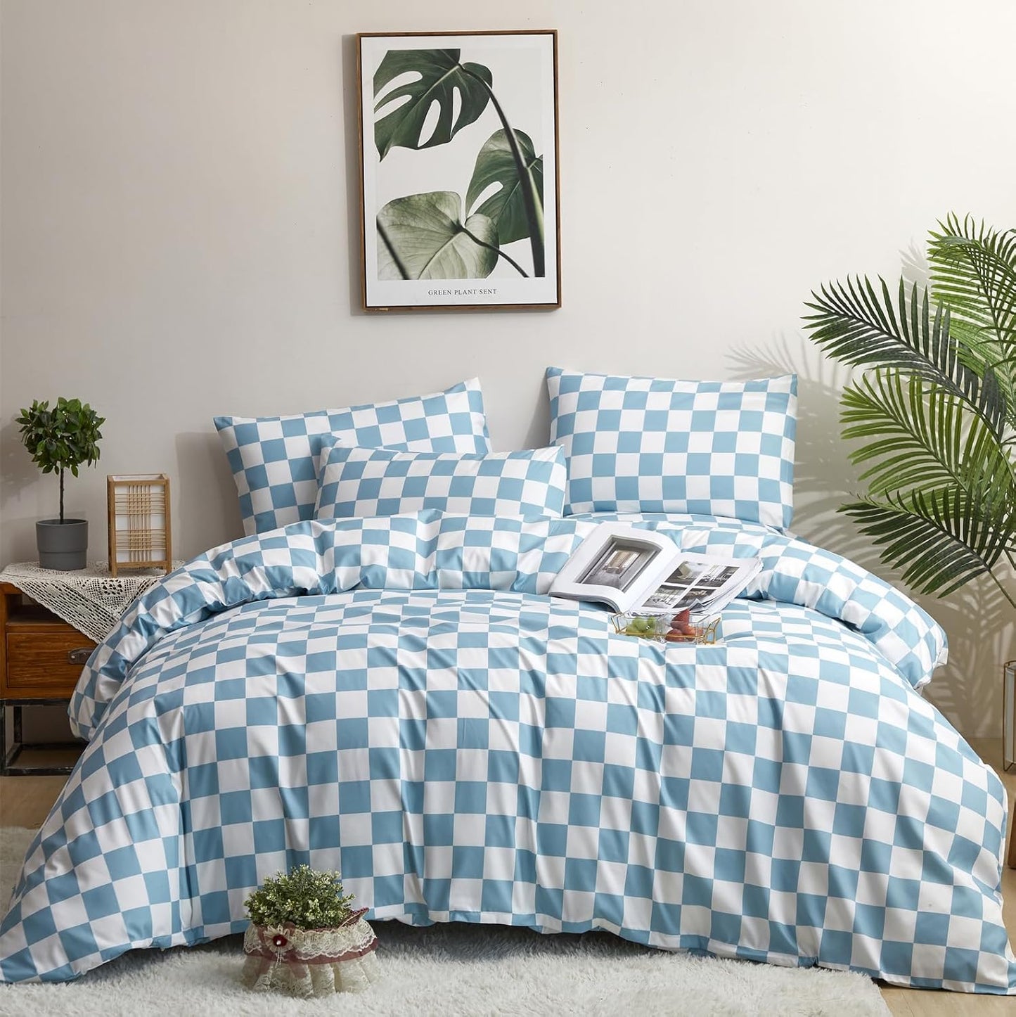 KAREVER Blue White Grid Comforter Set Twin Blue Plaid Bedding Set Girls Blue White Checkered Bed Blanket Set Kids Durable Breathable Bedding Comforter Set