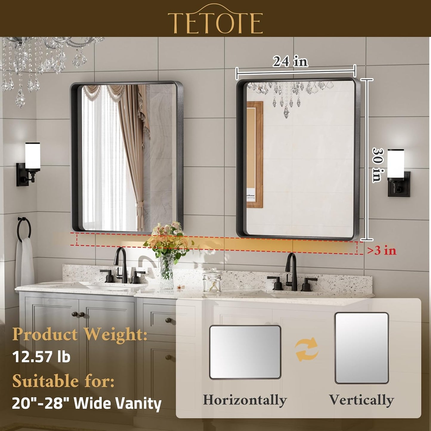 TETOTE Black Framed Bathroom Mirror, 24 x 30 Inch Matte Metal Frame Vanity Mirror, Modern Farmhouse Wall Mounted Rectangle Mirror (Horizontal/Vertical)