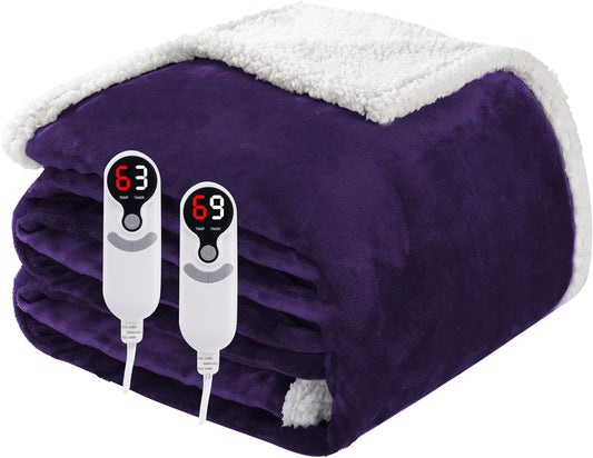 Electric Heated Blanket Queen Size 84"x90", Soft Flannel with Dual Controllers & Overheat Protection, 6 Adjustable Heat Settings & 10-Hour Auto-Off Timer, Fast Heating for Winter Comfort, Dark Purple
