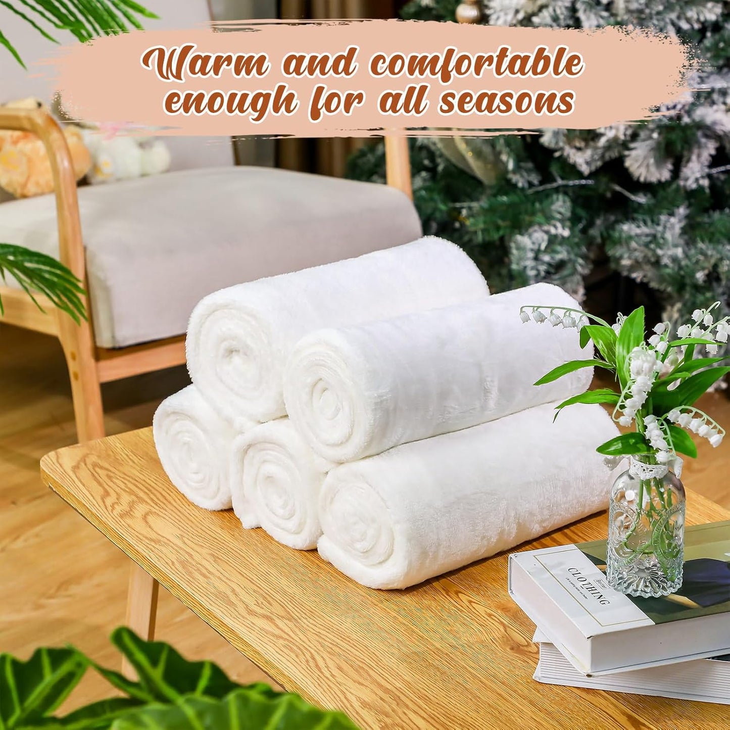 18 Pieces Fleece Blankets Bulk for Wedding 50 x 60 Inch Soft Lightweight Flannel Throw Blankets Bulk for Wedding Guests Home Outdoor Couch Sofa Bed Gifts(Cream White)