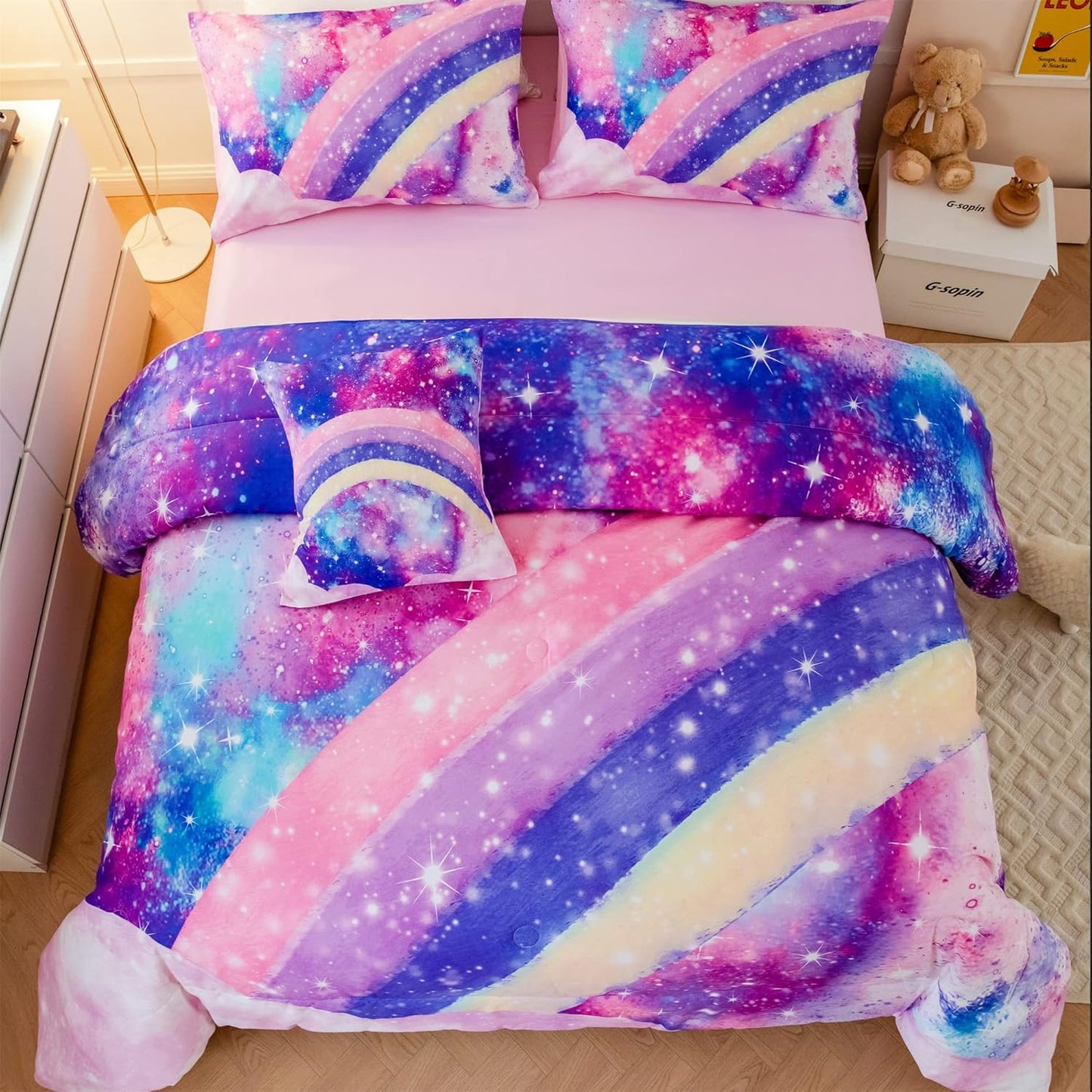 ANGIYUIN 6Pcs Rainbow Queen Size Comforter Set for Girls 3D Pastel Tie Dye Pink Comforter Bedding Set Soft Lightweight Bed in a Bag with Sheet Sets