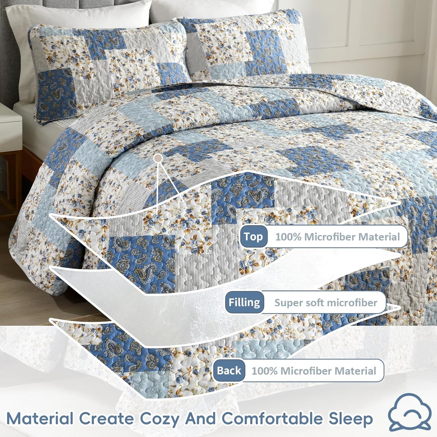 Mybedsoul Light Blue Quilt Set King Size, 3 Pieces Boho Plaid Floral Bedspread Set Microfiber Lightweight Bohemian Bedding Bedspread Coverlet Set for All Season 90"x104"