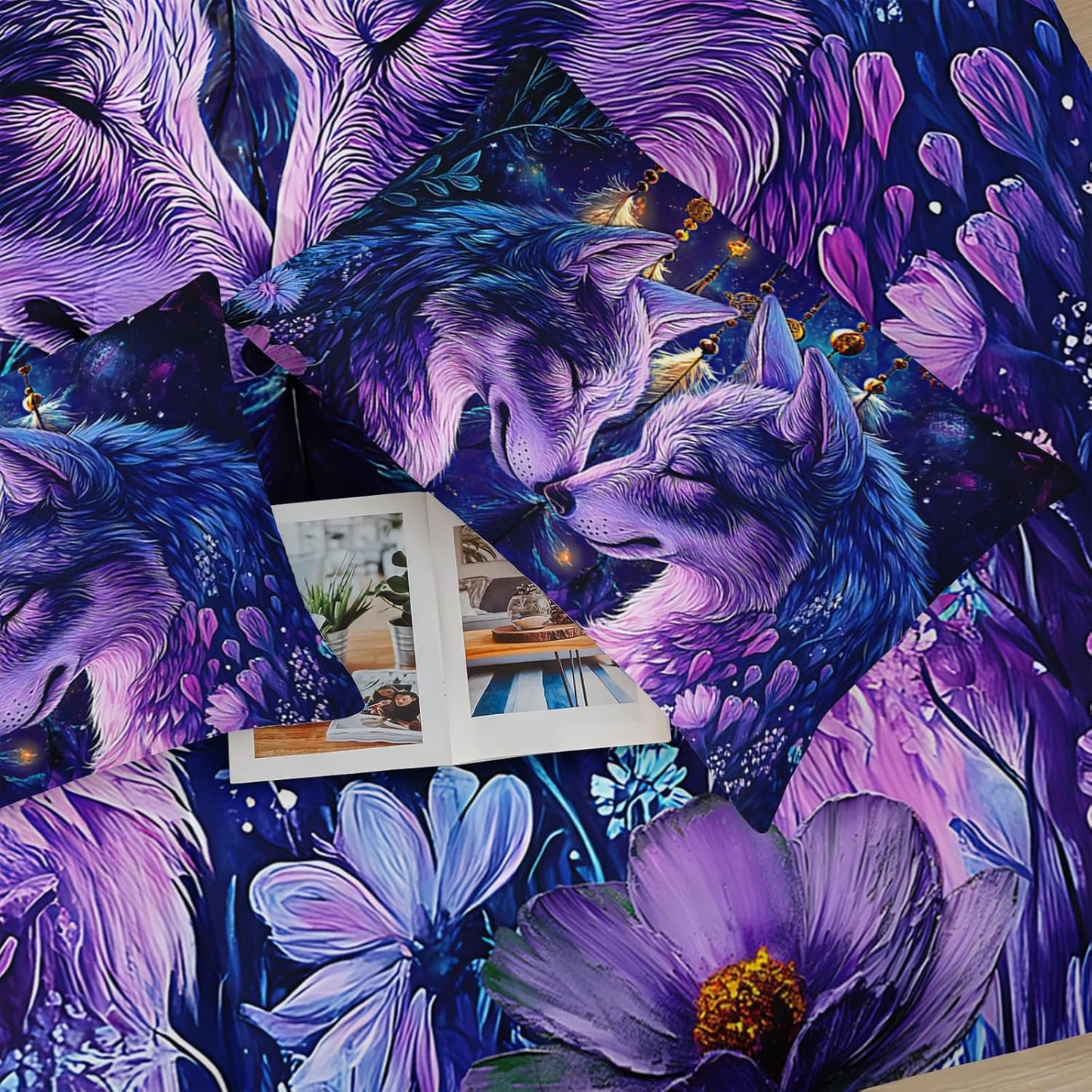 Purple Wolf Bedding Comforter Set Queen Size，Dreamcatcher Flower Quilt Bedding Set Queen，with 1 Comforter with 2 Pillow Case，Wolf Bedroom Decor for Kids Girls Boy