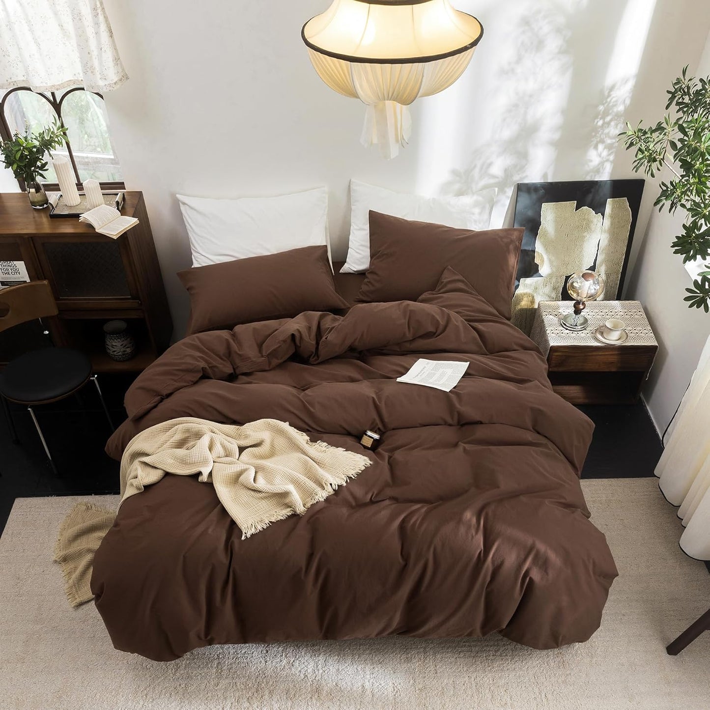 FOSSA Duvet Cover Set 100% Washed Cotton Linen Feel Super Soft Breathable Cozy Simple Style 3 Pieces Bedding Sets Solid Cocoa Brown Twin