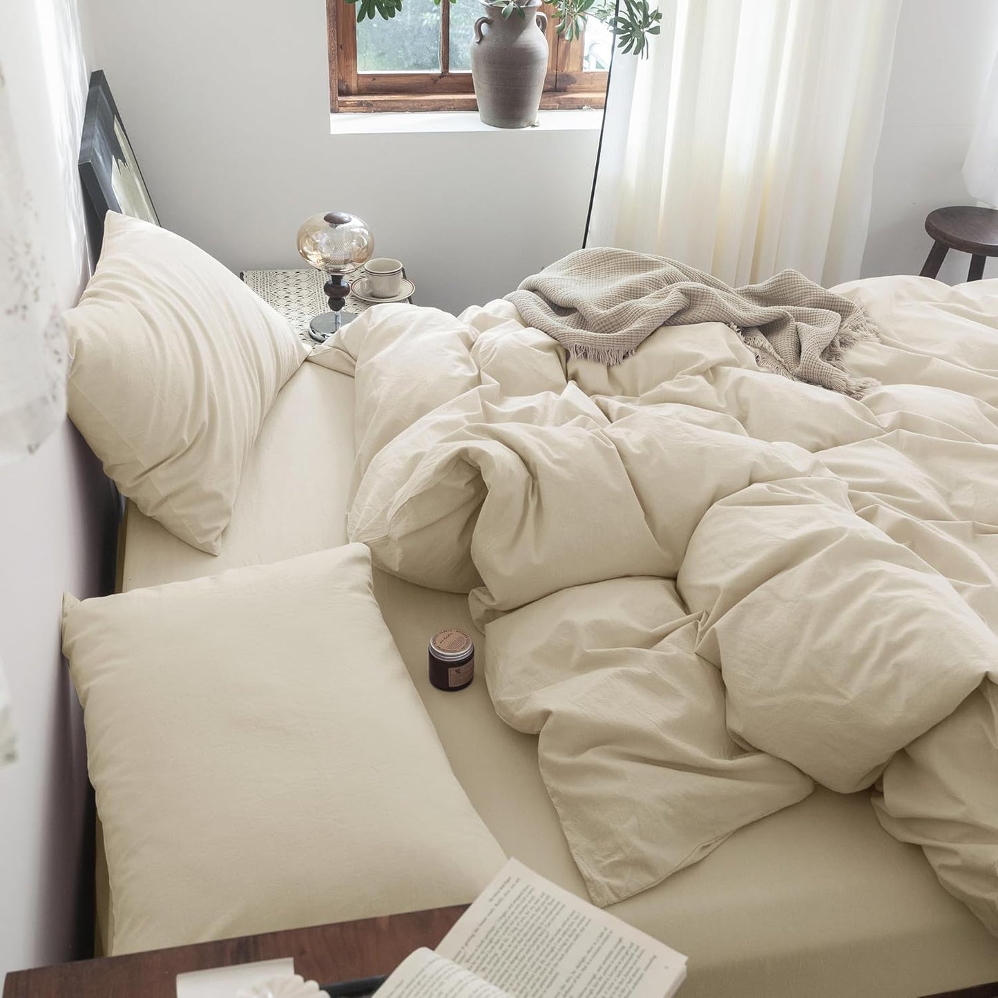 FOSSA Duvet Cover Set 100% Washed Cotton Linen Feel Super Soft Breathable Cozy 3 Pieces Bedding Sets Solid Almond Grey Twin