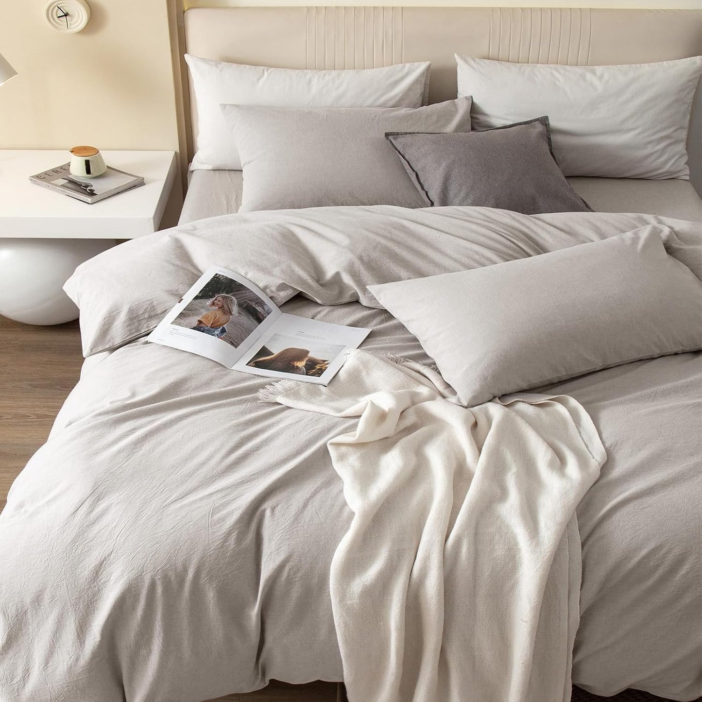 JIYUAN 100% Washed Cotton Duvet Cover Set 2 Pieces Twin, 1 Duvet Cover 68x90 Inches(Comforter Not Included) and 1 Pillowcases,Linen Feel Bedding Set Comfy and Breathable, Heathered Cream Grey