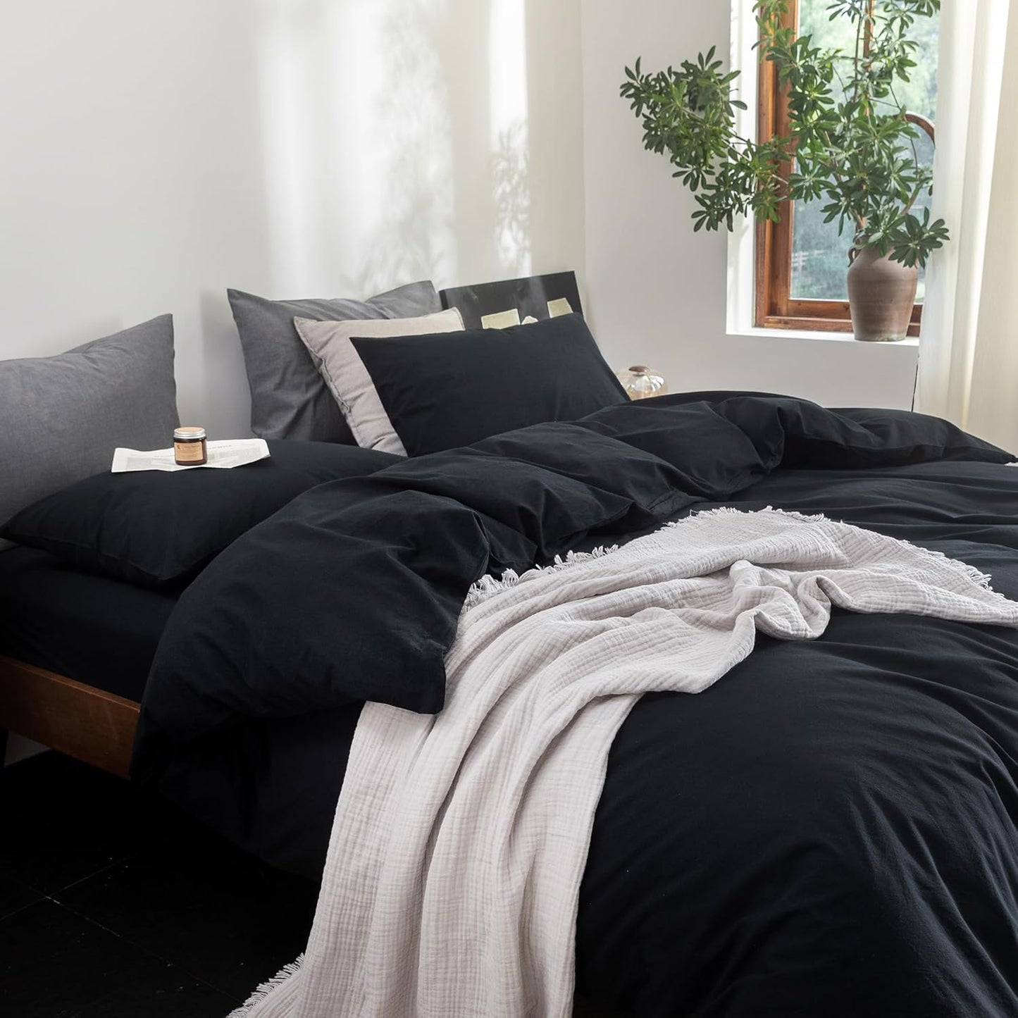 FOSSA Duvet Cover Set 100% Washed Cotton Linen Feel Super Soft Breathable Cozy 3 Pieces Bedding Sets Solid Black King