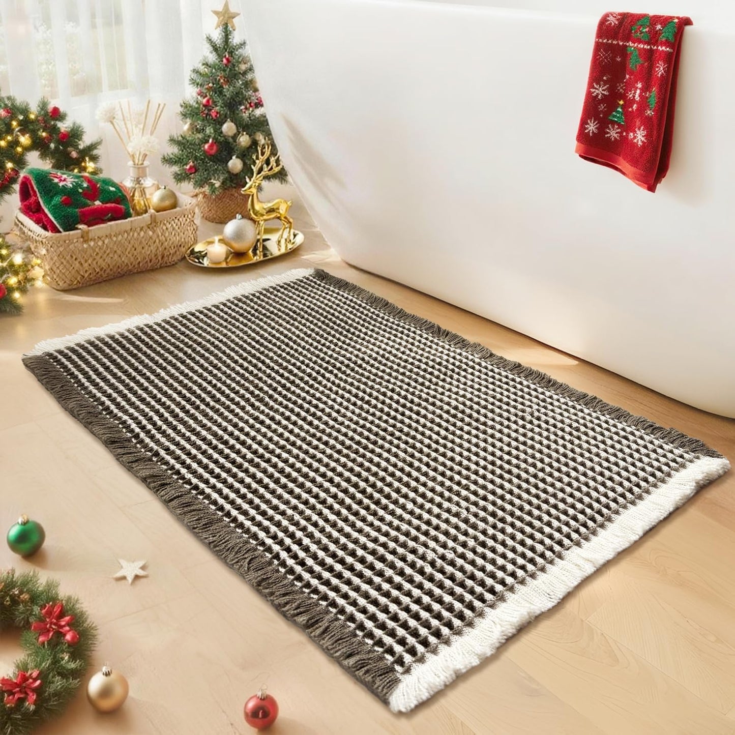 Waffle Bath Mat - Boho Bathroom Rugs Non Slip Washable, Super Absorbent & Quick Dry, Soft Bath Mat Farmhouse Bathroom Decor, 20'' x 32'', Olive Green and White
