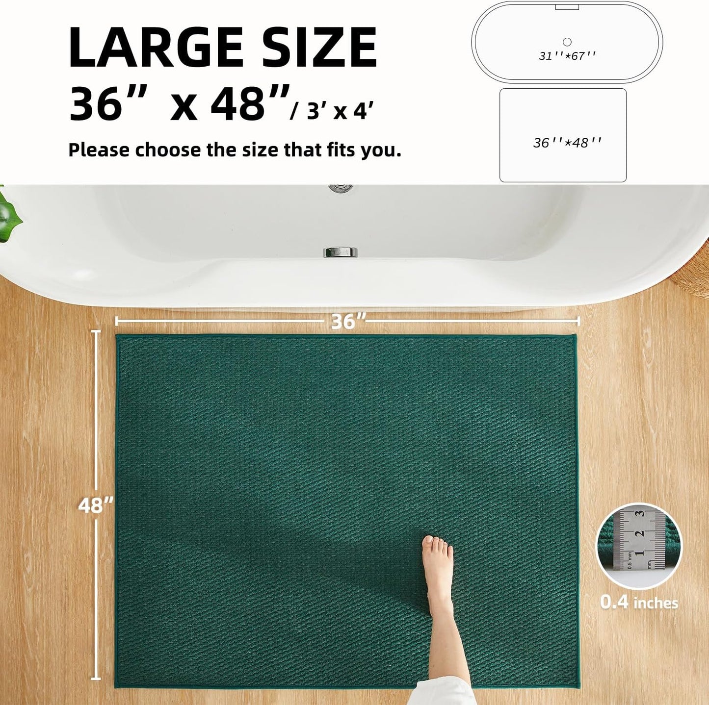 Large Bathroom Rugs Non Slip Washable Bath Rugs Super Absorbent Bathroom Rug Thin Quick Dry Low Pile Bath Mats, Dark Green 36"x48"