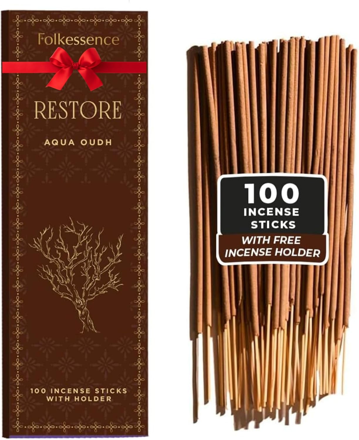Folkulture Oud Incense Sticks | Set of 100 Insence-Sticks with Holder for Relaxation | Aqua Oudh Incense | Organic, Slow Burning & Non Toxic Inscents for Meditation | Oudh