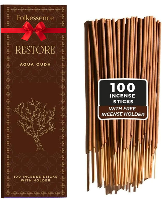Folkulture Oud Incense Sticks | Set of 100 Insence-Sticks with Holder for Relaxation | Aqua Oudh Incense | Organic, Slow Burning & Non Toxic Inscents for Meditation | Oudh