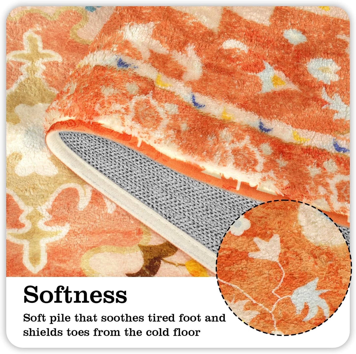 Uphome Boho Tribal Orange Cute Floral Non-Slip Machine Washable Soft Oriental Bath Mats for Sink Shower Doormat Tub, 20x31 inch