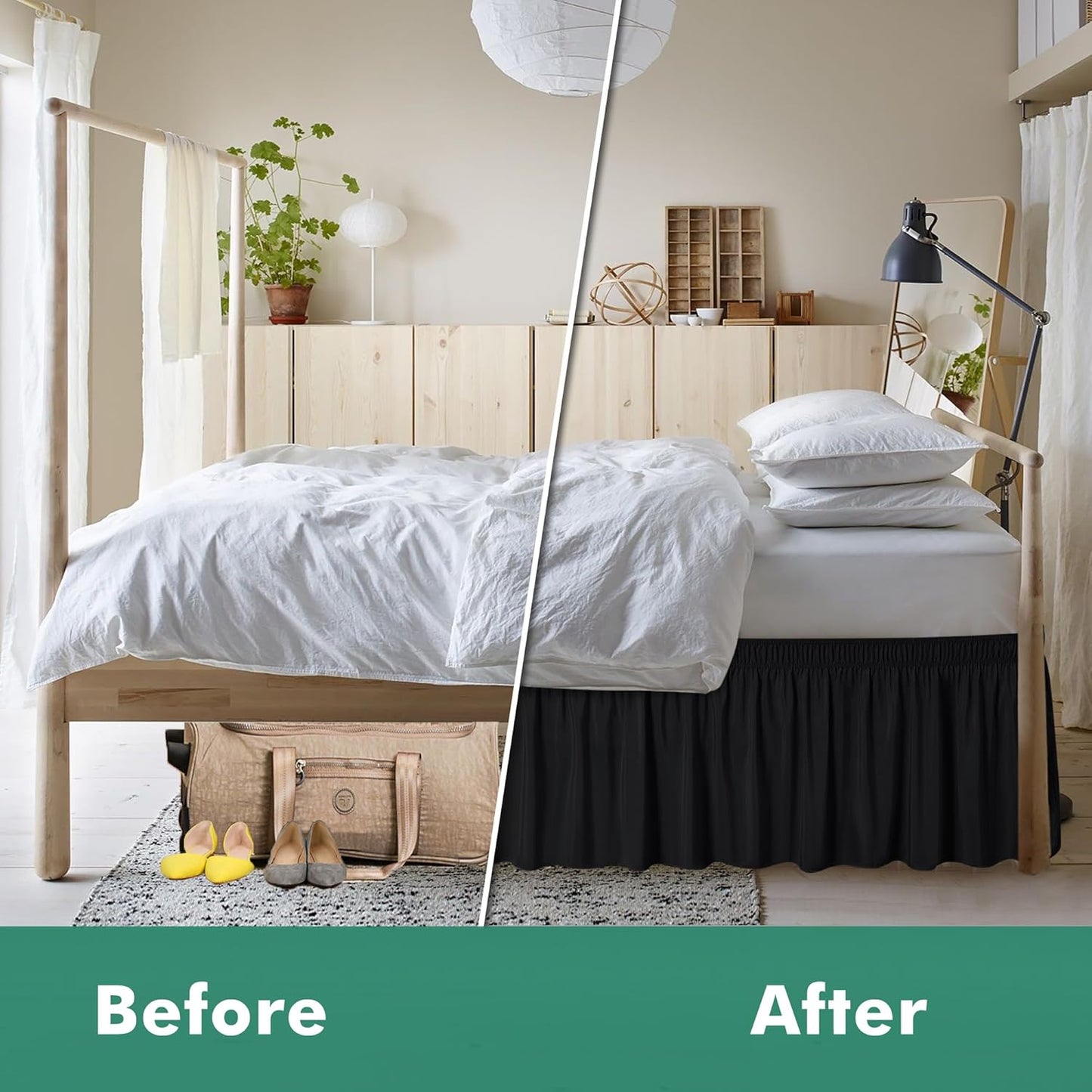 Biscaynebay Wrap Around Bed Skirts with Split Corners for Queen Beds 16" Drop, Black Elastic Dust Ruffles Adjustable Easy Fit Wrinkle & Fade Resistant Silky Luxurious Fabric Machine Washable