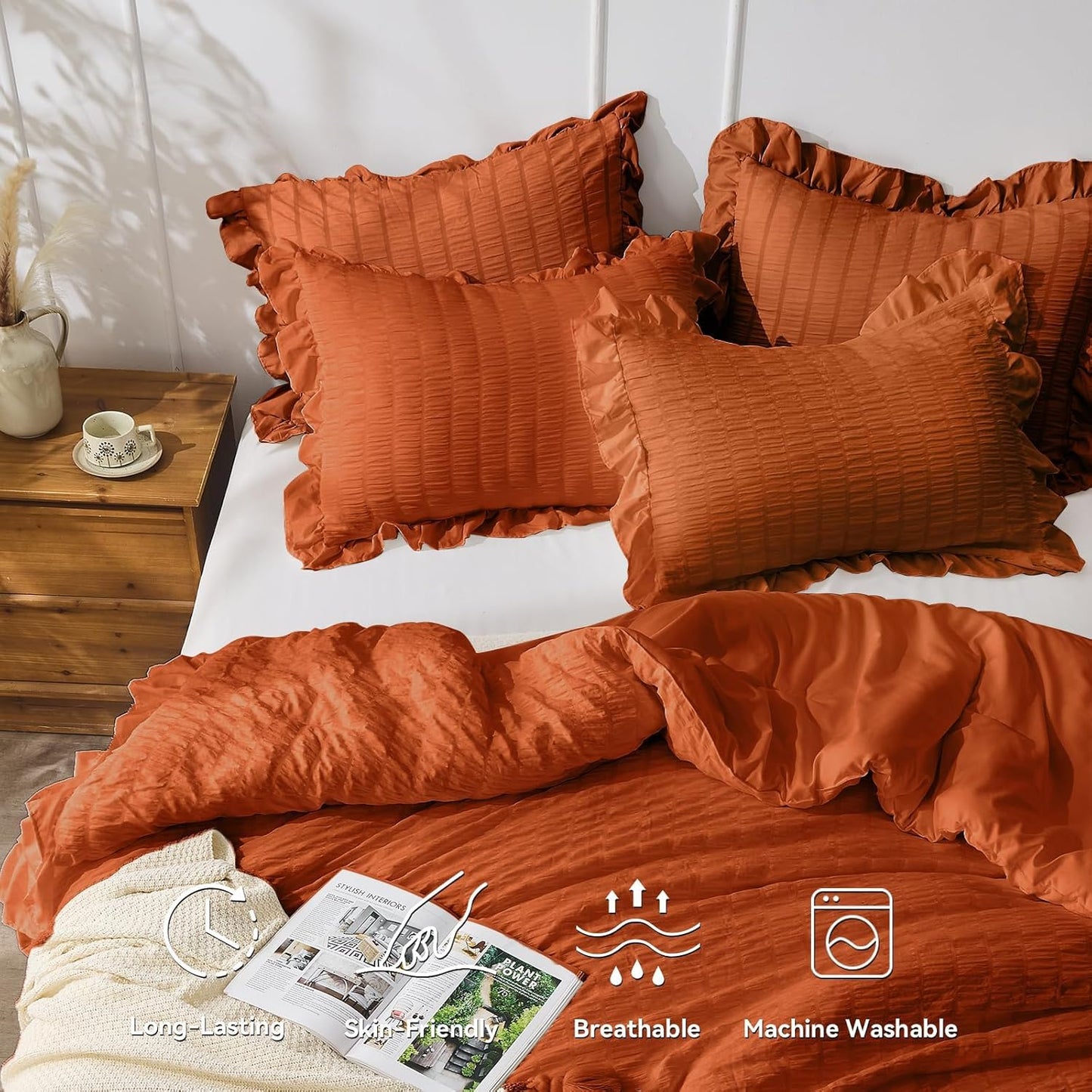 JOLLYVOGUE Burnt Orange Comforter Full Size, 3 Pieces Seersucker Lightweight Full Size Bedding, All Season Fluffy Microfiber Bedding Comforter Set with 1 Ruffle Comforter and 2 Ruffle Pillowshams