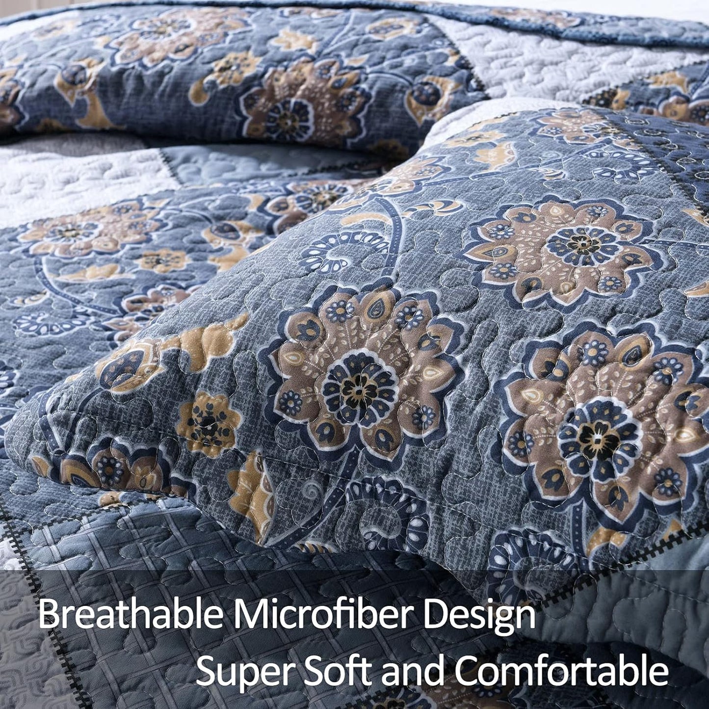 ENJOHOS Navy Blue Plaid Floral Quilt Set King Size 98"x106", 3 Pcs Boho Bedspread Coverlet Set for All Season, Patchwork Reversible Bedding Set King