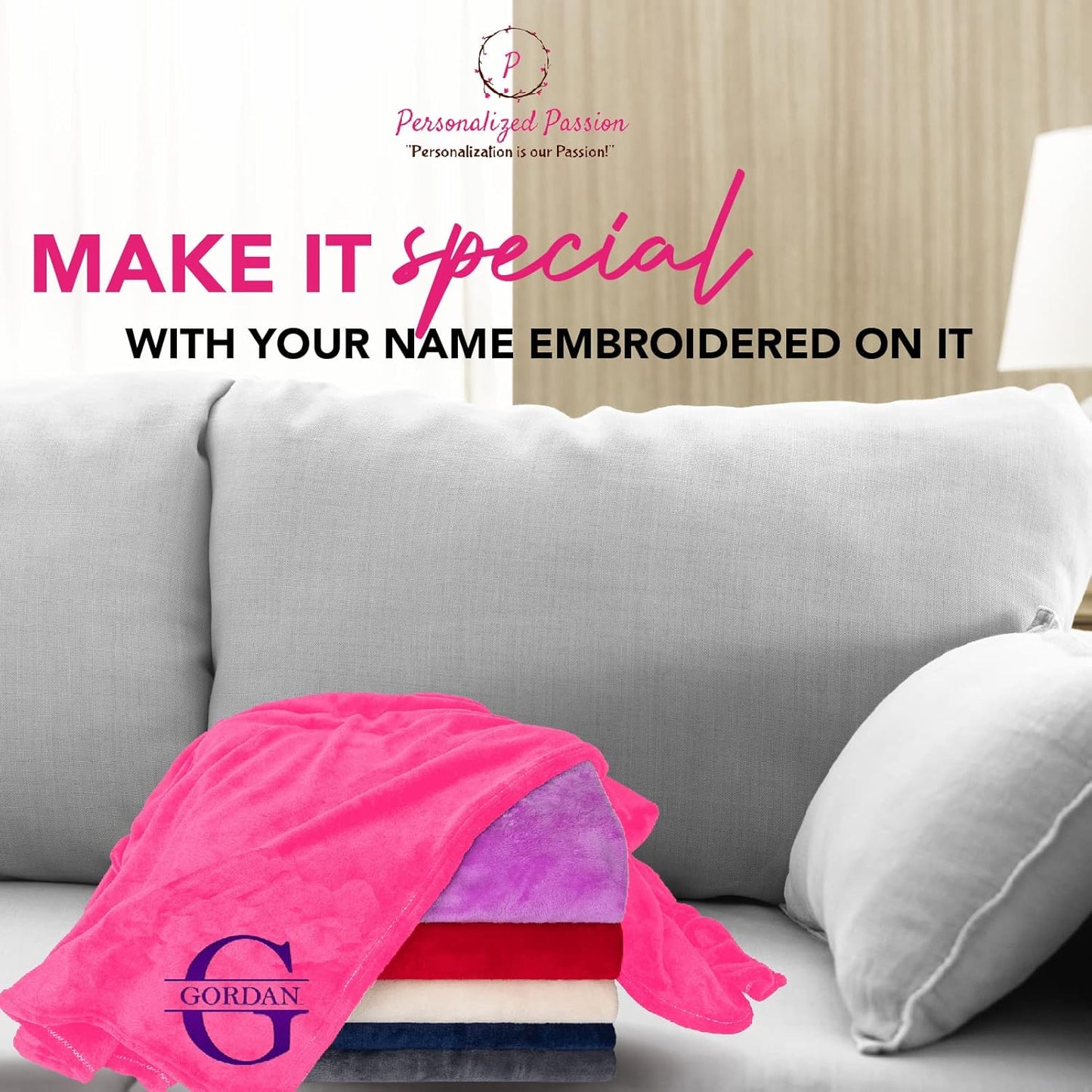 Personalized Passion Blankets with Custom Name & Initial Monogram - Super Soft and Cozy Fleece - Unisex Custom Blanket for Him and Her - 60x40 Inches - Hot Pink