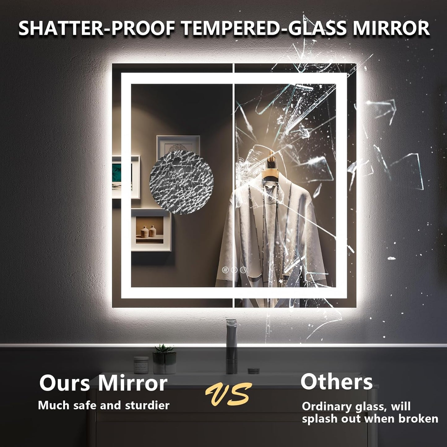 36x36 Inch LED Bathroom Mirror with Lights Front and Backlit Lighted Vanity Mirror for Bathroom Wall with 3 Colors Dimmable Anti-Fog Memory Shatter-Proof IP54 Waterproof Horizontal/Vertical