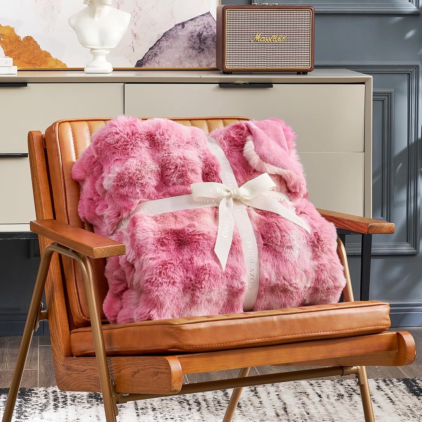 Cozy Bliss Faux Fur Throw Blanket for Couch, Bubble Plush Blanket Queen Size, Fuzzy Soft & Thick Blanket for Bed Sofa Living Room, 90x90 Inches Tie-dye Pink