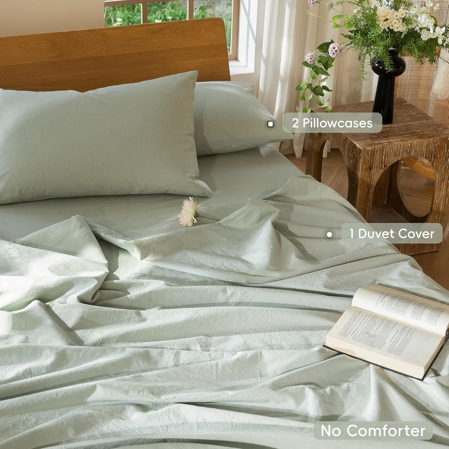 MooMee Bedding Duvet Cover Set 100% Washed Cotton Linen Like Textured Breathable Durable Soft Comfy (Heathered Sage Green, Alaska King 132"x120")