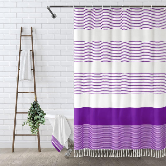 Awellife Boho Purple Shower Curtain for Bathroom Stripe Tassel Shower Curtain 72 X 72 Inches Farmhouse Cotton
