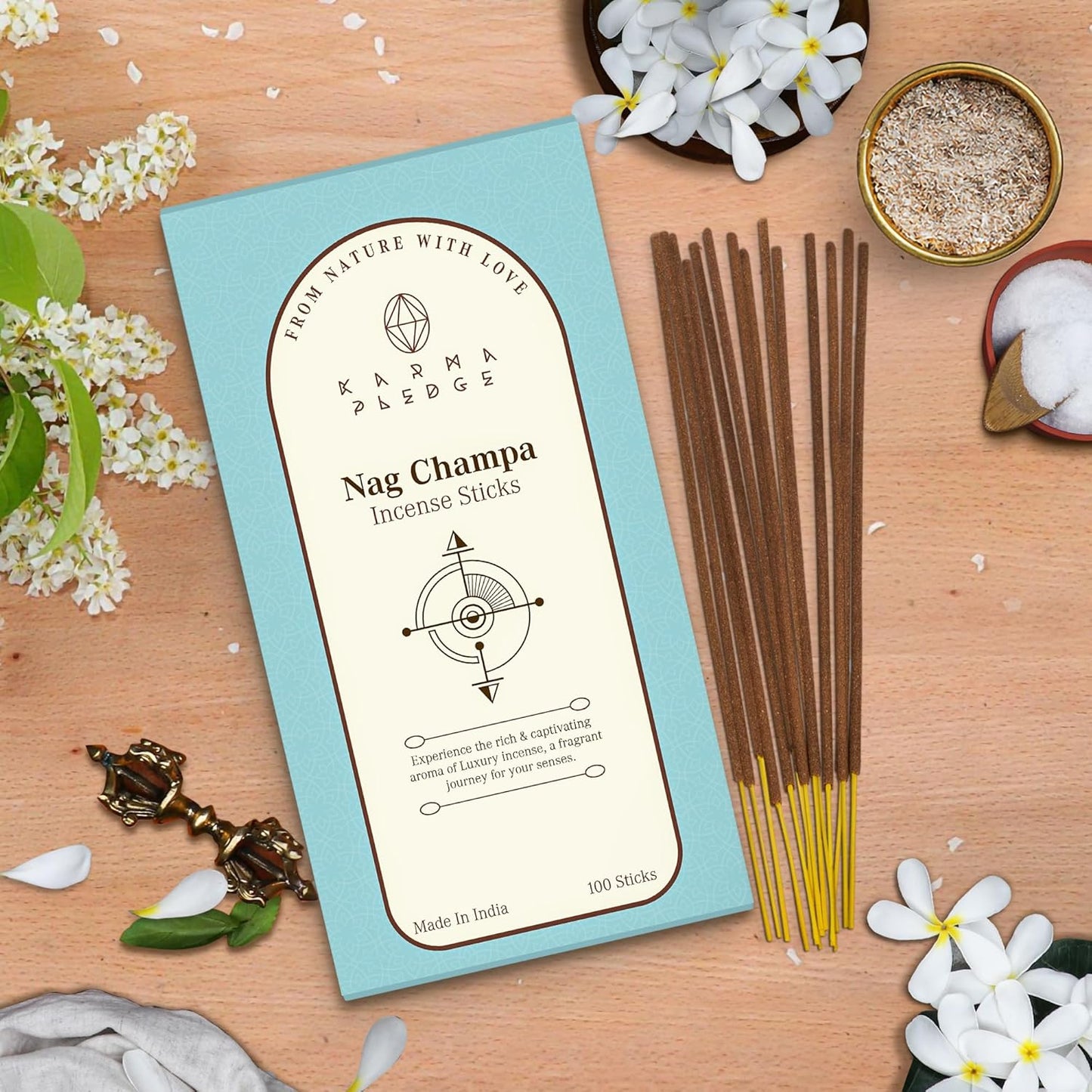 Nag Champa Incense Sticks, Organic Hand Dipped 100 Sticks with Natural Herbs & Aromatic Ingredients, Burn Time 45 to 60 Minutes, Incense for Positivity, Yoga, Meditation, Relaxation, Spiritual Gift