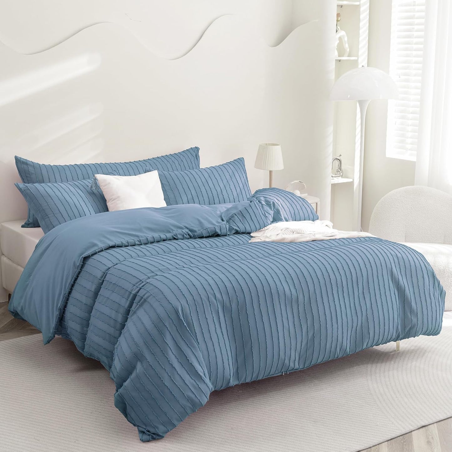 JELLYMONI Duvet Cover Full Size Blue - 3PCS Boho Striped Duvet Cover Set Polyester Tufted Bohemian Textured Comforter Cover with Corner Ties & Zipper Closure
