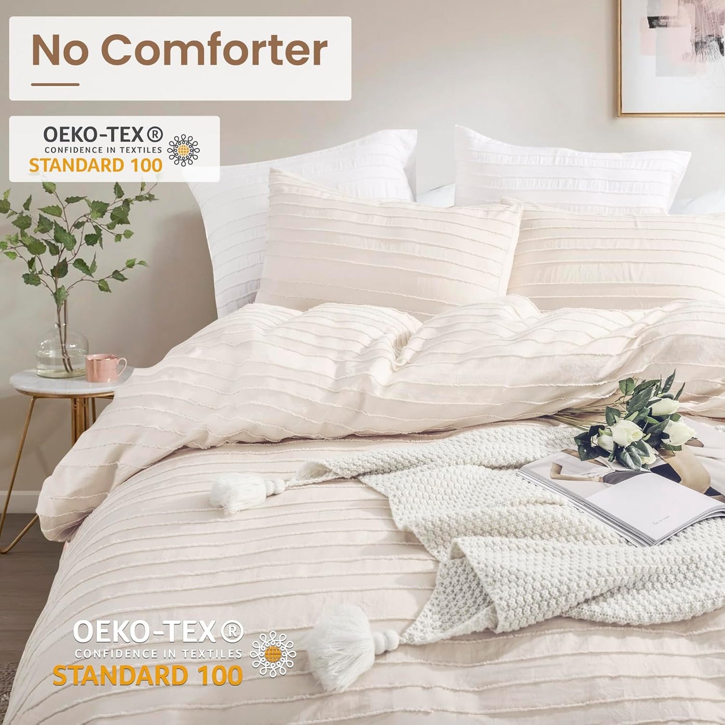NEXHOME PRO Twin Duvet Cover, Light Khaki 2 Pieces Boho Tufted Twin Size Duvet Cover Set, Soft and Lightweight Microfiber Comforter Cover Set for All Season (Light Khaki, 66 x 90)-No Comforter