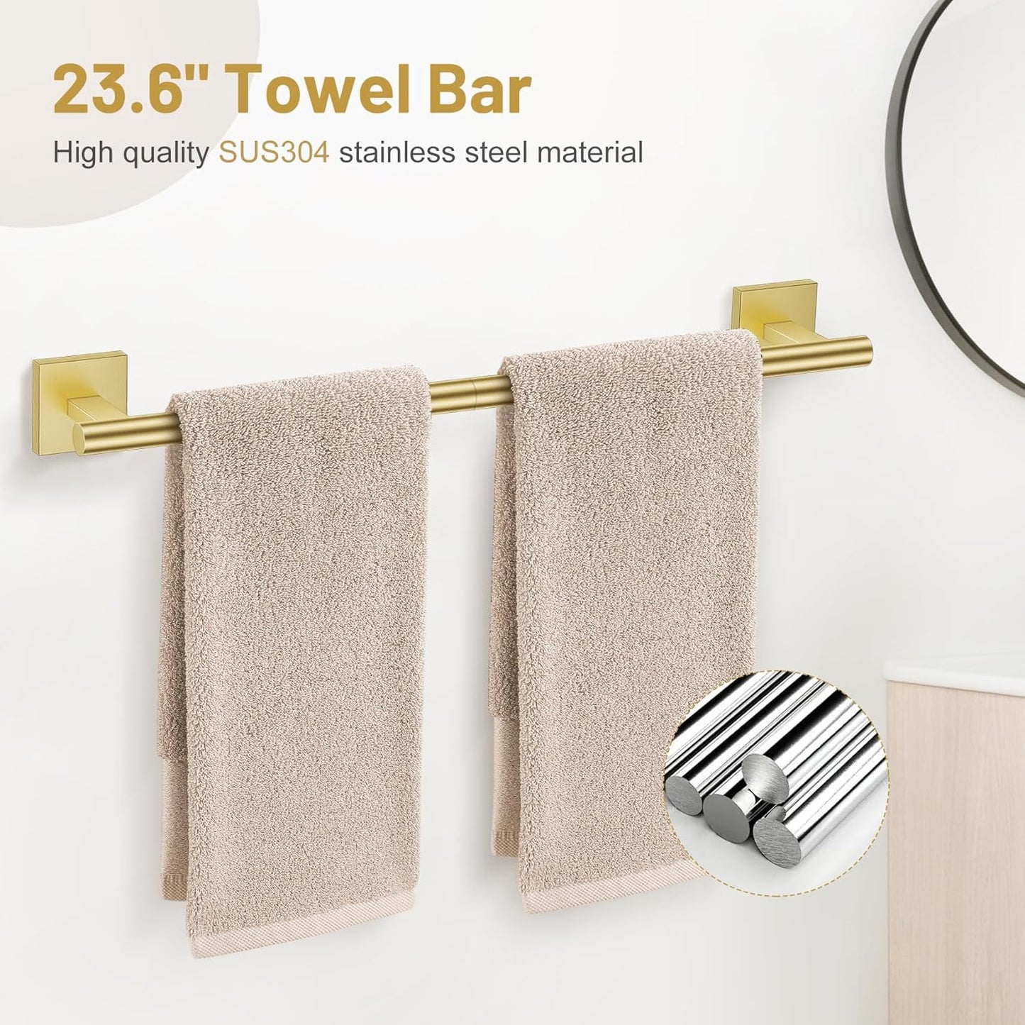 5 Pieces Brushed Gold Bathroom Hardware Set, SUS304 Stainless Steel Bathroom Accessories Set 23.6 inches Towel Bar, Toilet Paper Holder with Shelf, Towel Ring and Two Towel Hooks Wall-Mounted