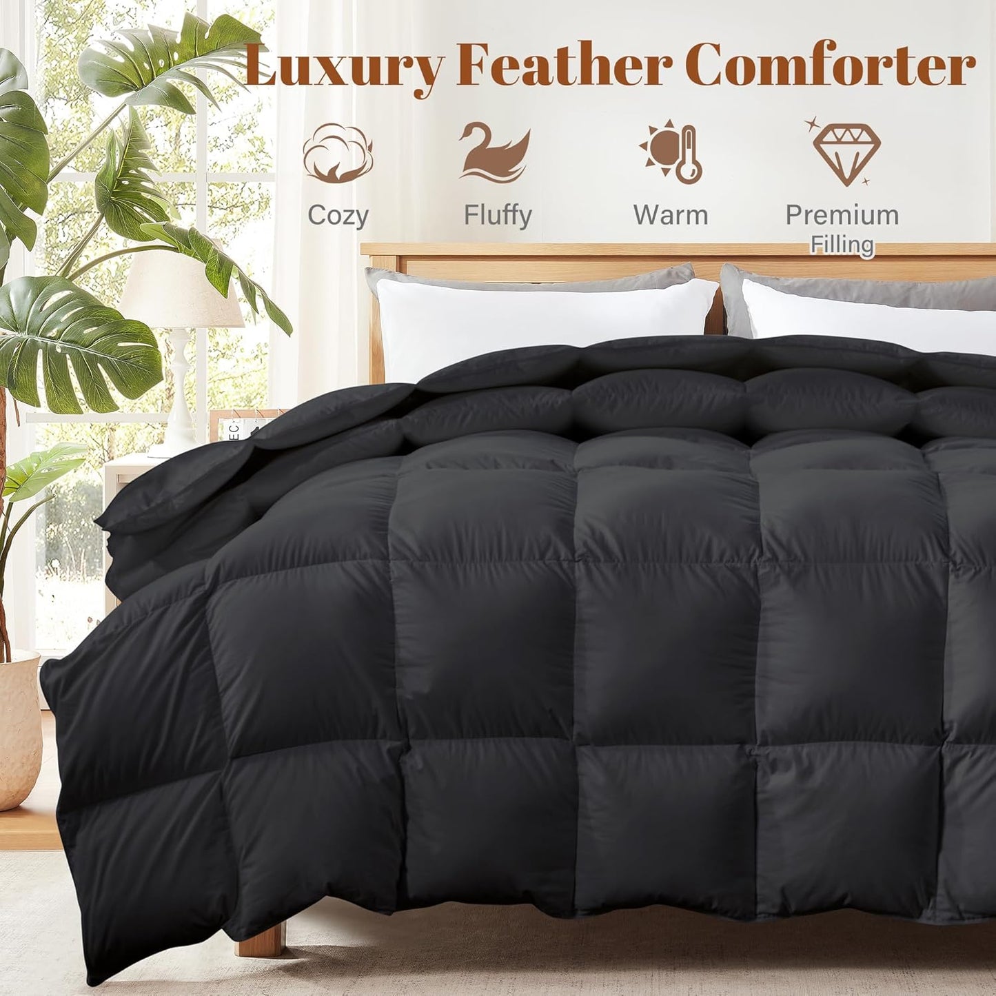 Cosybay Heavyweight Queen Size Feather Down Fiber Comforter - Black Thicker Winter Duvet Insert, Ultra Soft 100% Cotton Cover, Luxury Hotel Bedding with Corner Tabs, 90"x90"