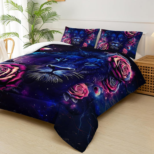 Black and Red Galaxy Roses Lion Comforter Set Full Size，Full Size Bedding Set Animal Print，Jungle Animal Bedroom Decor，with 1 Comforter with 2 Pillow Case