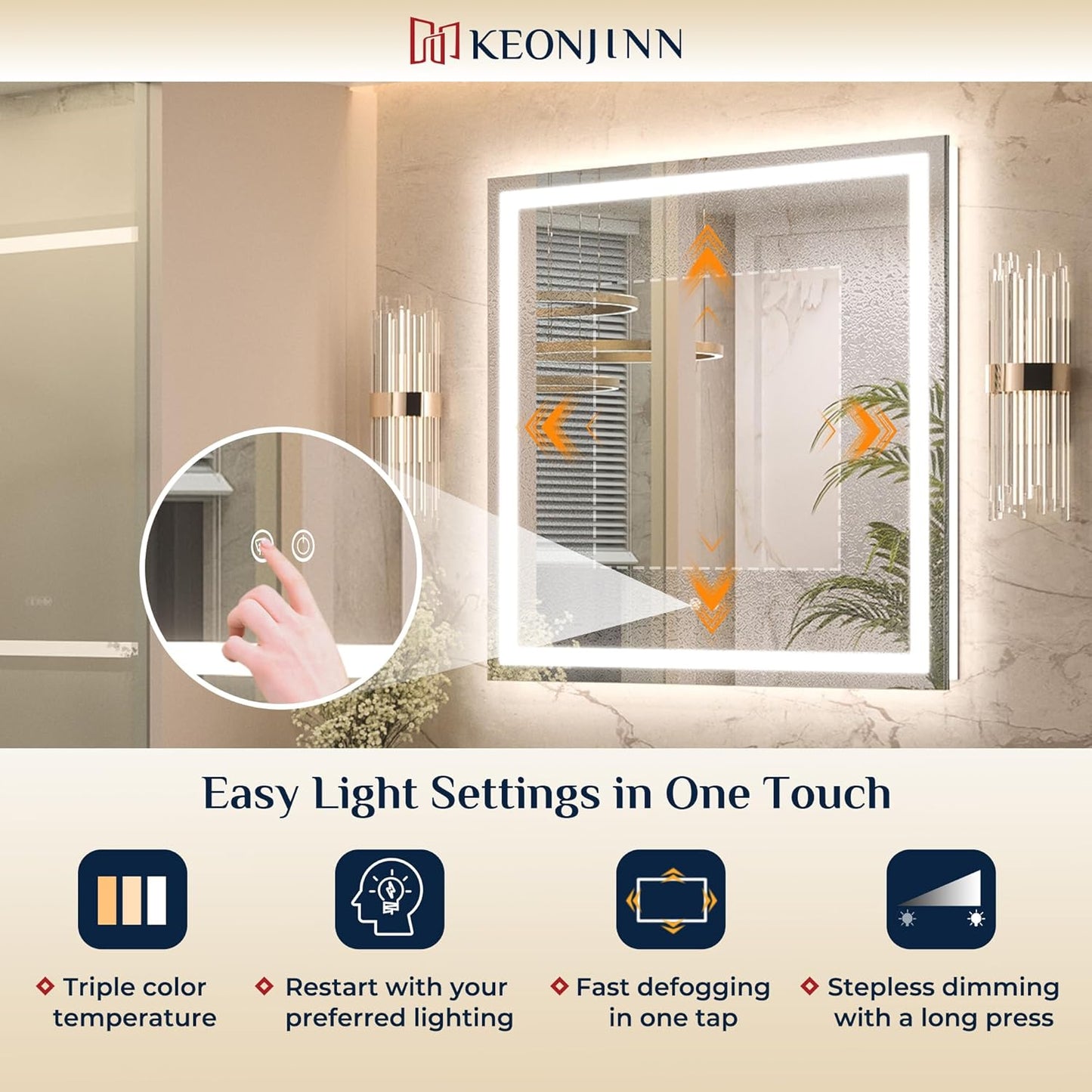 Keonjinn LED Bathroom Mirror with Lights 36" x 36", Frontlit & Backlit LED Mirror for Bathroom Wall with Dimmable 3-Color Lights, Anti-Fog Mirror with HD Tempered Glass, UL-Listed LED Driver
