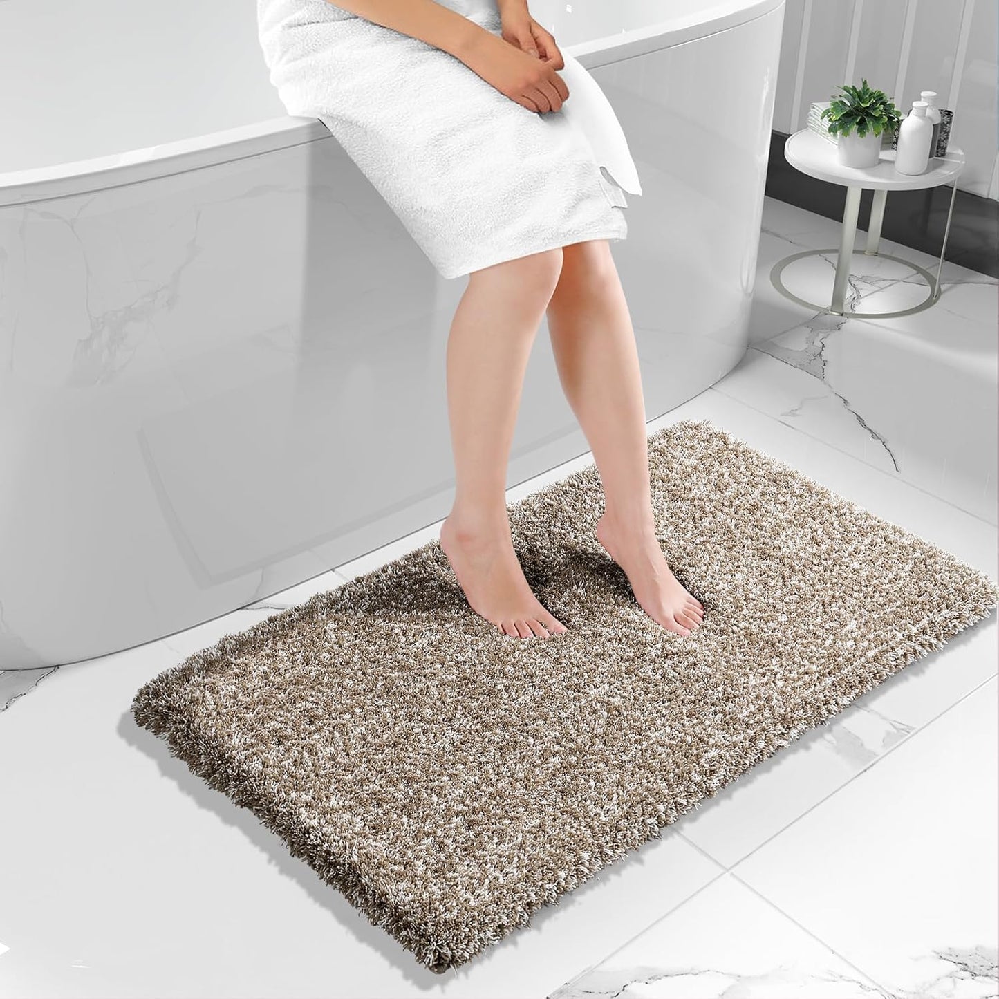 Yimobra Luxury Bathroom Rugs, Fluffy Bath Mats, Non Slip, Water Absorbent Microfiber, Machine Washable, Plush Runner Shower Rugs, Thick Matts for Bathroom Floor&Tub, 47"x 24", Light Brown and White