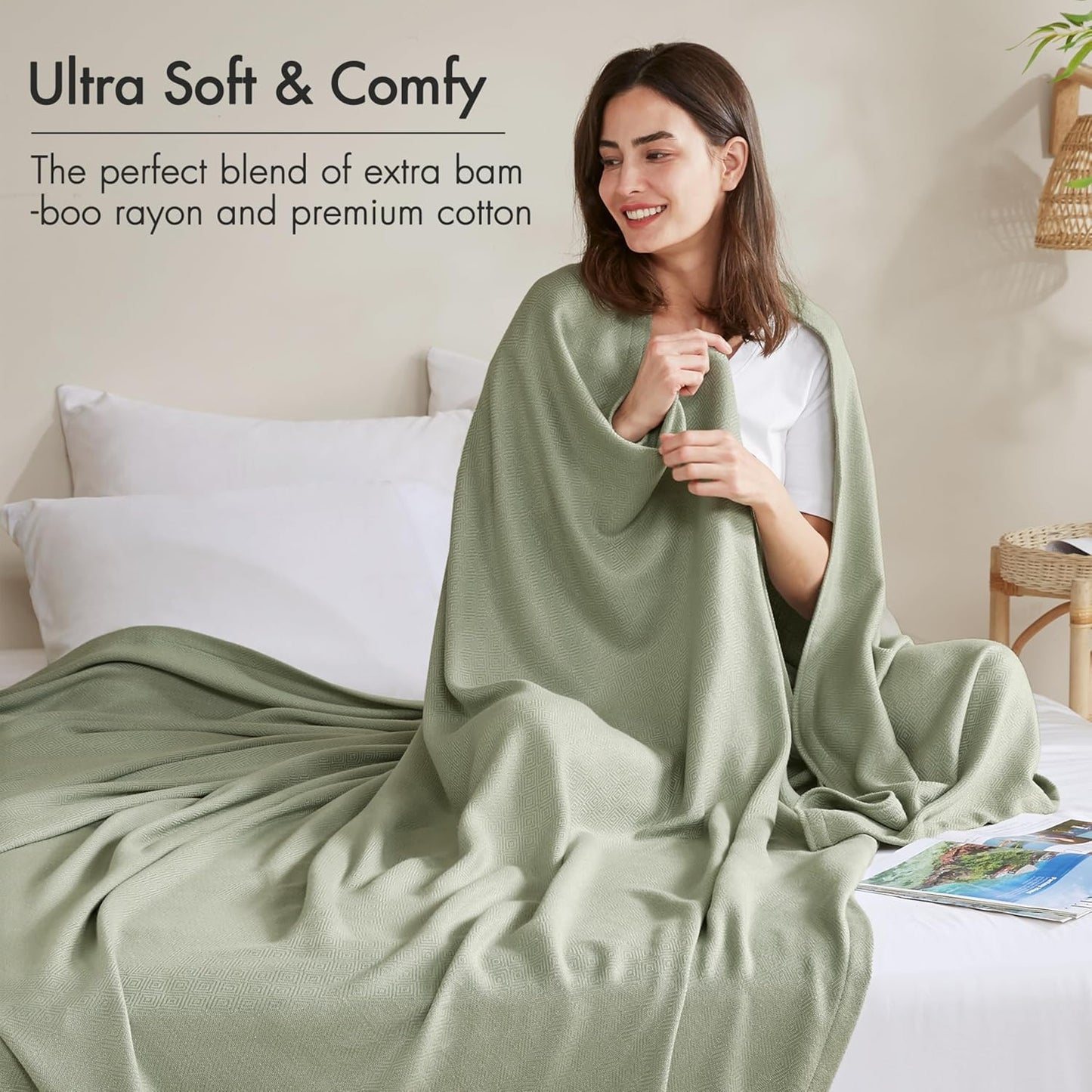 Madison Park King Size Blanket, 70% Rayon Bamboo-Based, 30% Cotton, Breathable for Hot Sleepers Menopause, Ultra Soft and Snag-Resistant, Summer Blanket for Bed or Couch, King 108"x90", Sage Green