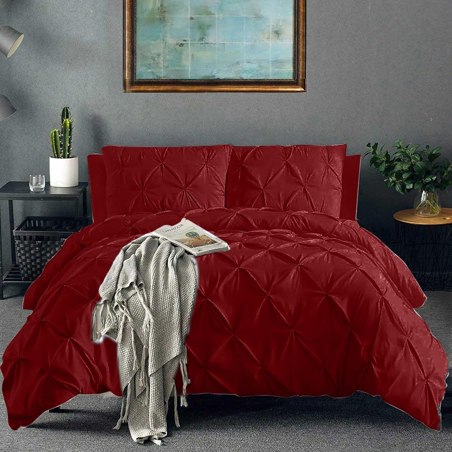 Pinch Pleated Duvet Cover Set 100% Brushed Microfiber 3PC Full Size 80x90 Duvet Cover Set, Decorative Pinch Design Burgundy Duvet Cover with Matching Pillow Case