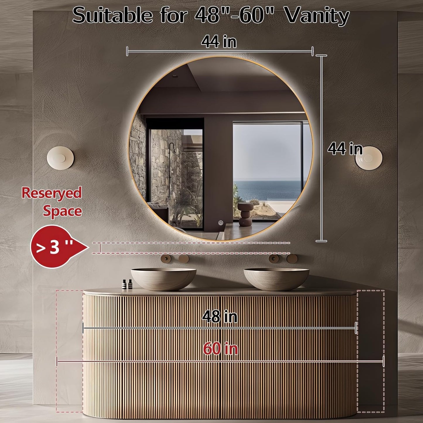 Niccy 44" LED Backlit Round Mirror for Bathroom, Gold Framed Vanity Light Wall Mirror LED Smart Circle Mirrors with 3 Lighting Colors, Dimmable Lighted Mirror with Anti-Fog, IP65 Waterproof