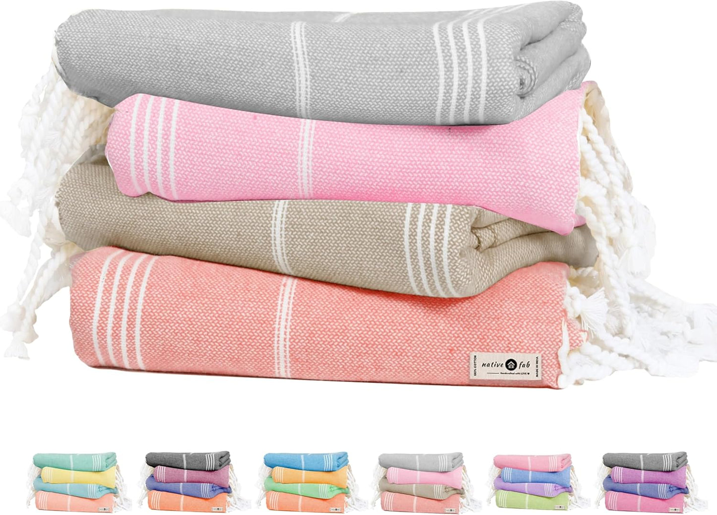 Native Fab Large Turkish Towels Set of 4, Lightweight, Quick Dry, Durable, Absorbent, 100% Cotton, Perfect for Beach, Travel, Pool, Spa, Bath - Ash Grey, Beige, Light Orange, Pink