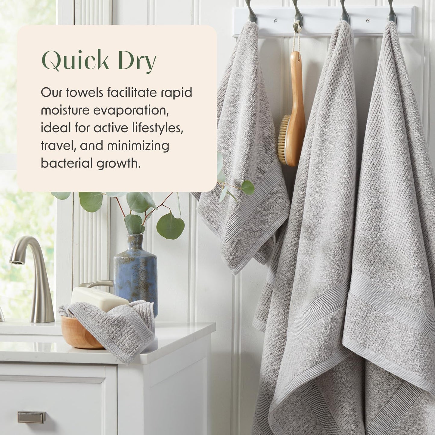 Springtree Home Grey Bath Towels Set of 4 | Ribbed Textured | 100% Combed Cotton | Absorbent Quick-Dry Gray Towels for Bathroom | Oeko-TEX® Standard 100 Cotton | Mauro Collection - High Rise Grey