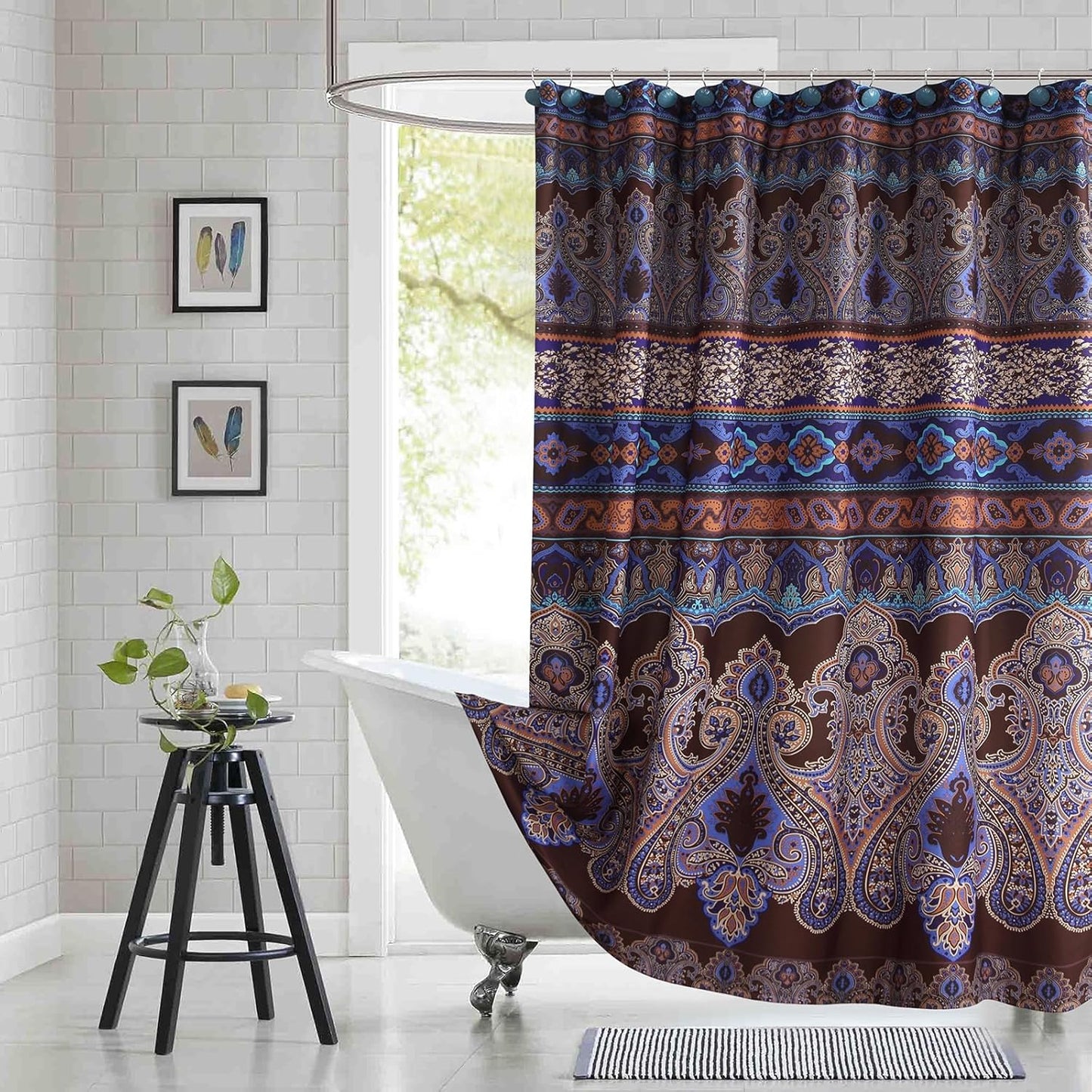 90 Inch Boho Shower Curtain, Extra Long Brown and Blue Bohemian Paisley Pattern Waterproof Fabric Shower Curtains for Bathroom, 72" W x 90" H